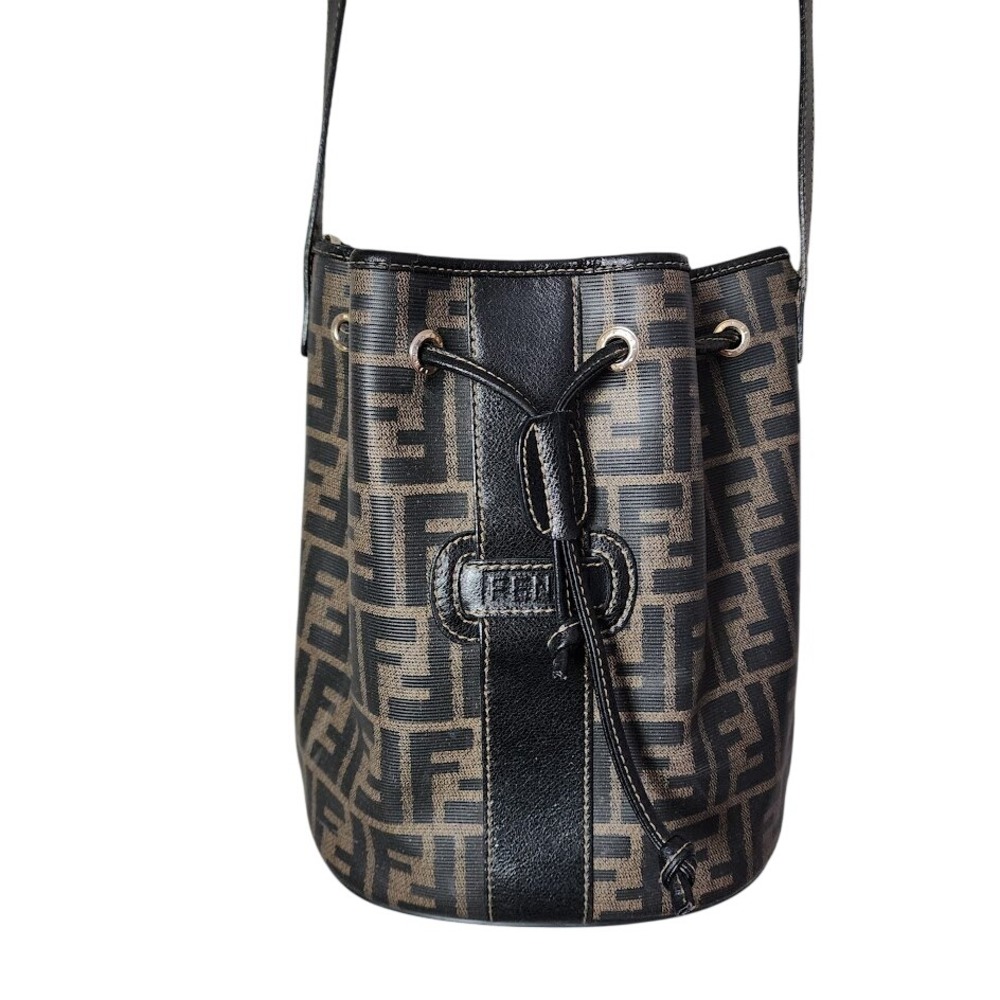 FENDI VINTAGE Zucca Monogram Drawstring Bucket Bag Leather Crossbody